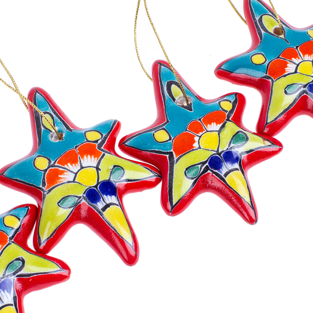 Set of 4 Handcrafted Ceramic Talavera Star Ornaments in Red - Floral Sunrise