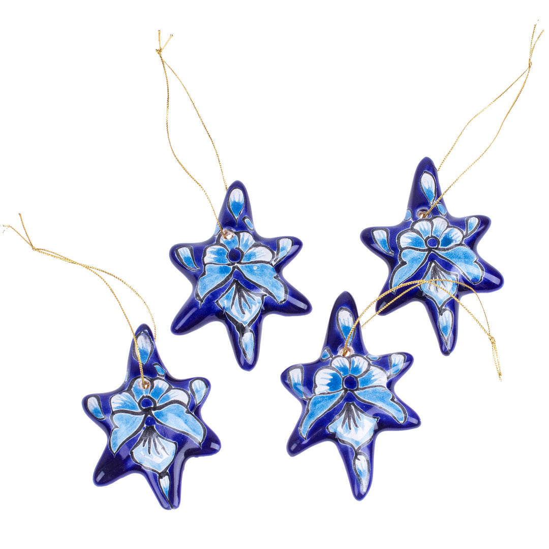 Set of 4 Handcrafted Ceramic Talavera Star Ornaments in Blue - Floral Twilight