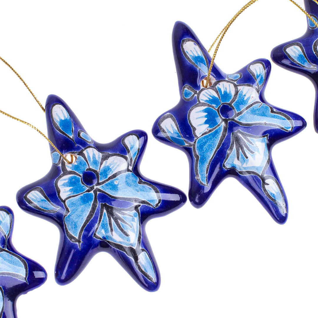 Set of 4 Handcrafted Ceramic Talavera Star Ornaments in Blue - Floral Twilight