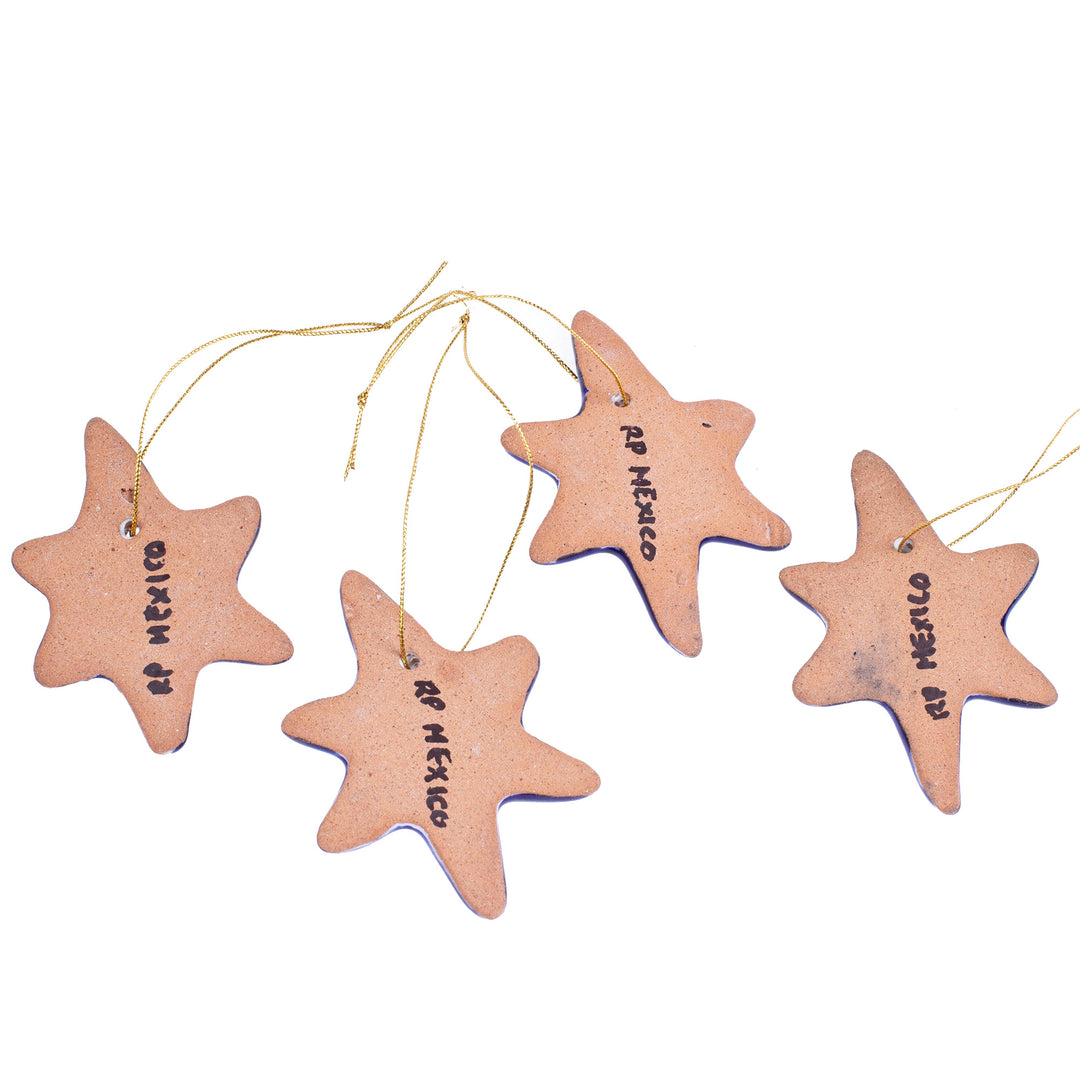 Set of 4 Handcrafted Ceramic Talavera Star Ornaments in Blue - Floral Twilight