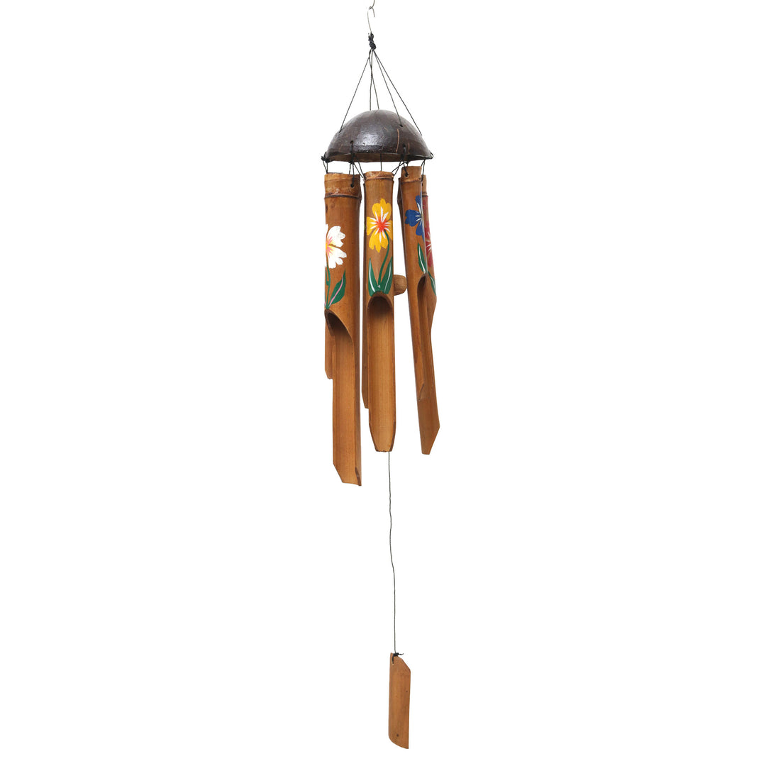 Hand-Crafted Bamboo Wind Chime with Floral Motifs from Bali - Blooming Bamboo