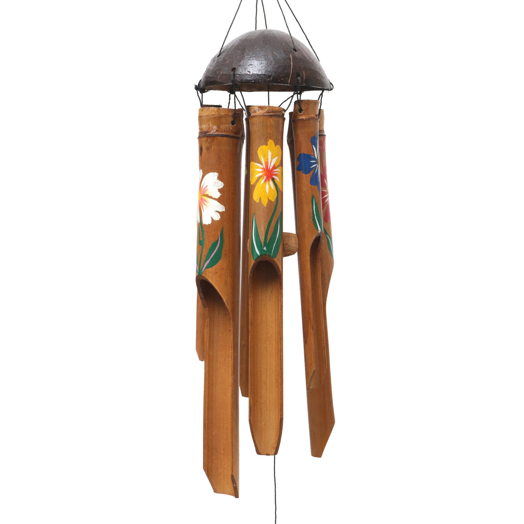 Hand-Crafted Bamboo Wind Chime with Floral Motifs from Bali - Blooming Bamboo