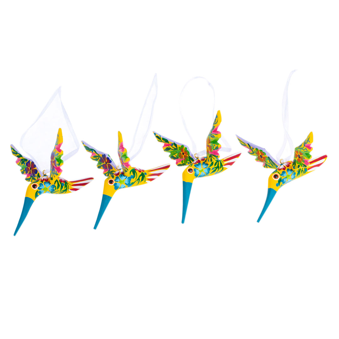 Set of 4 Handcrafted Copal Wood Bird Ornaments in Jonquil - Jonquil Flutter