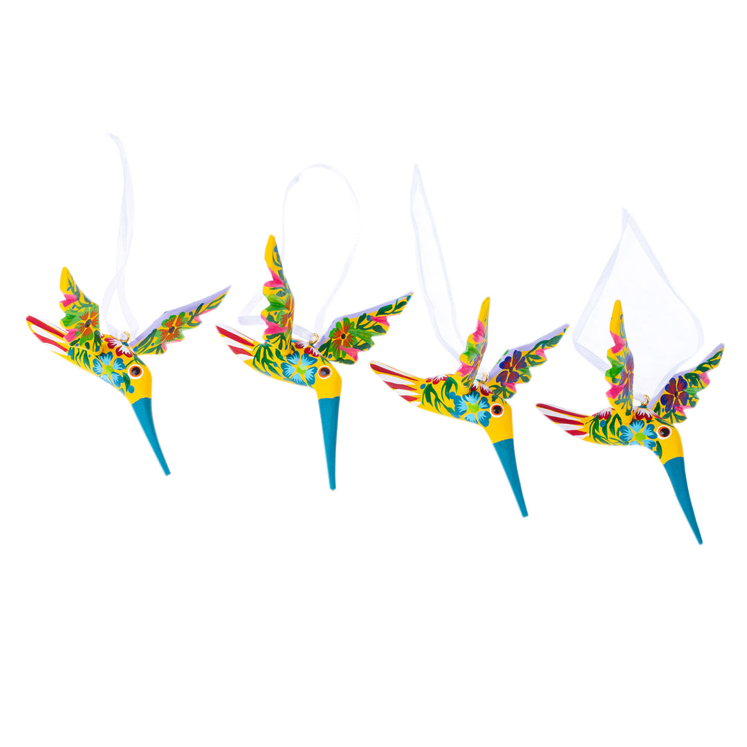 Set of 4 Handcrafted Copal Wood Bird Ornaments in Jonquil - Jonquil Flutter