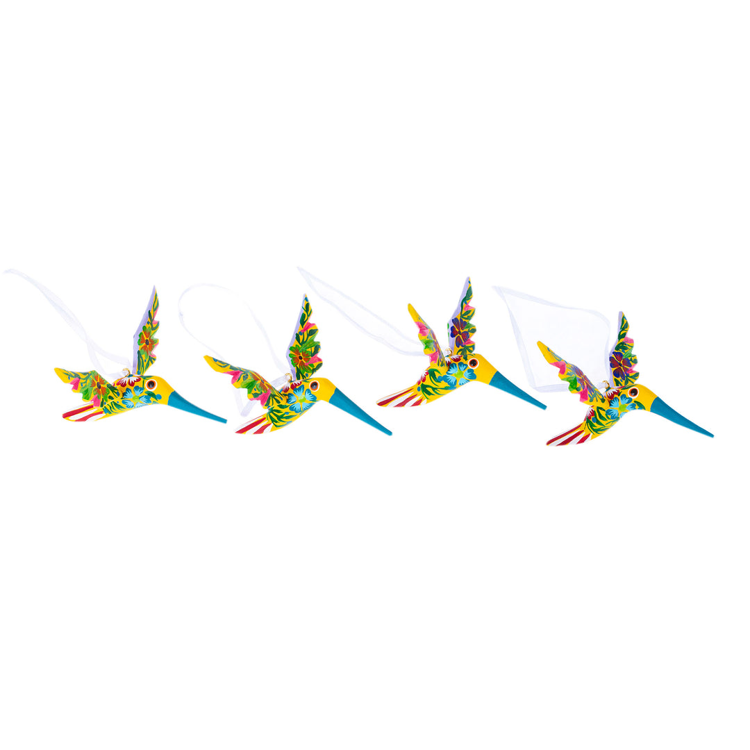 Set of 4 Handcrafted Copal Wood Bird Ornaments in Jonquil - Jonquil Flutter