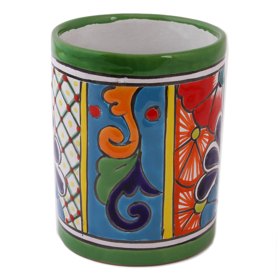 Cylindrical Talavera-Style Ceramic Vase from Mexico - Colorful Bouquet