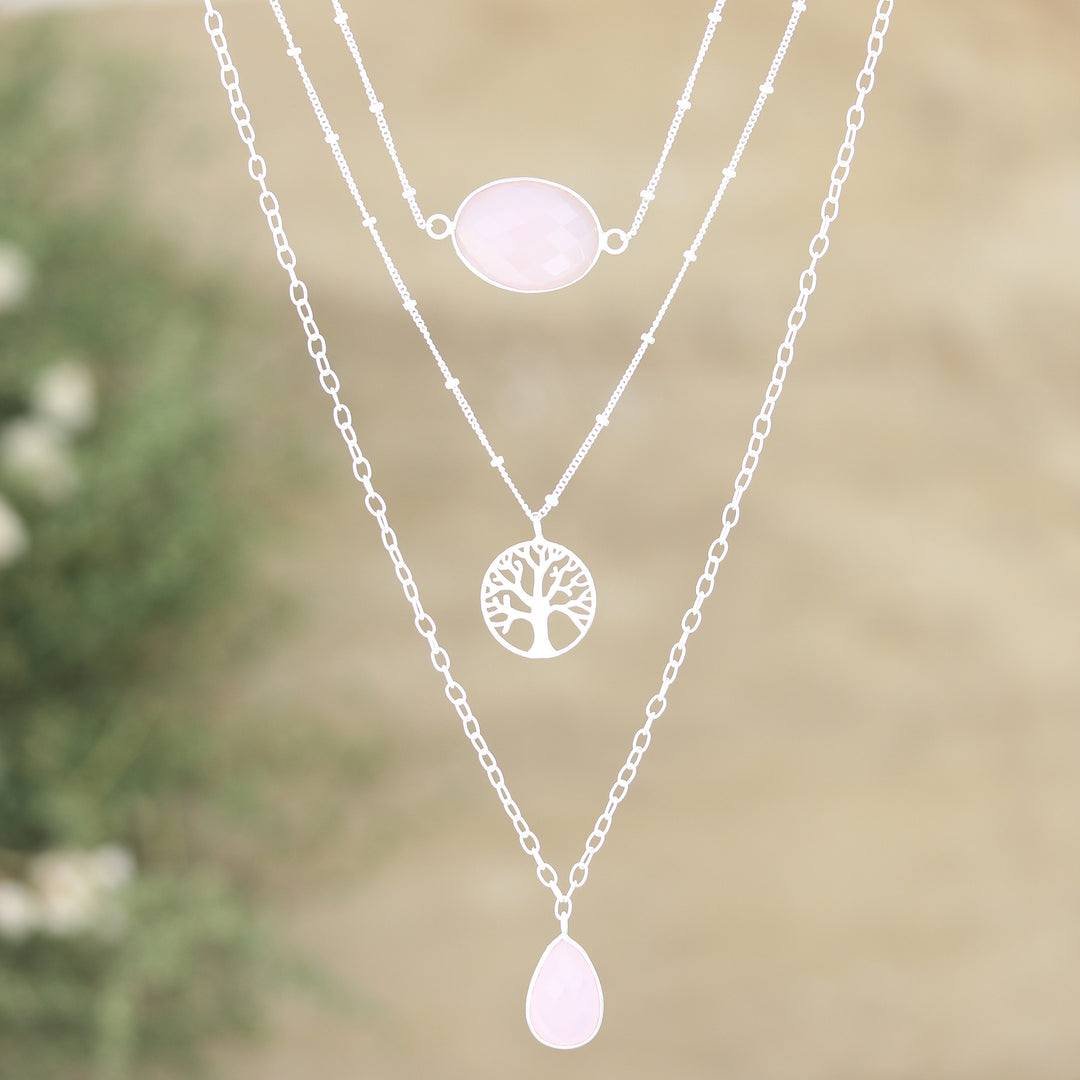 Sterling Silver 3-Strand Pendant Necklace with Rose Quartz - Unconditional Nature