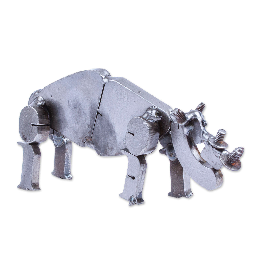 Handcrafted Recycled Scrap Metal Rhino Statuette - Wild Strength