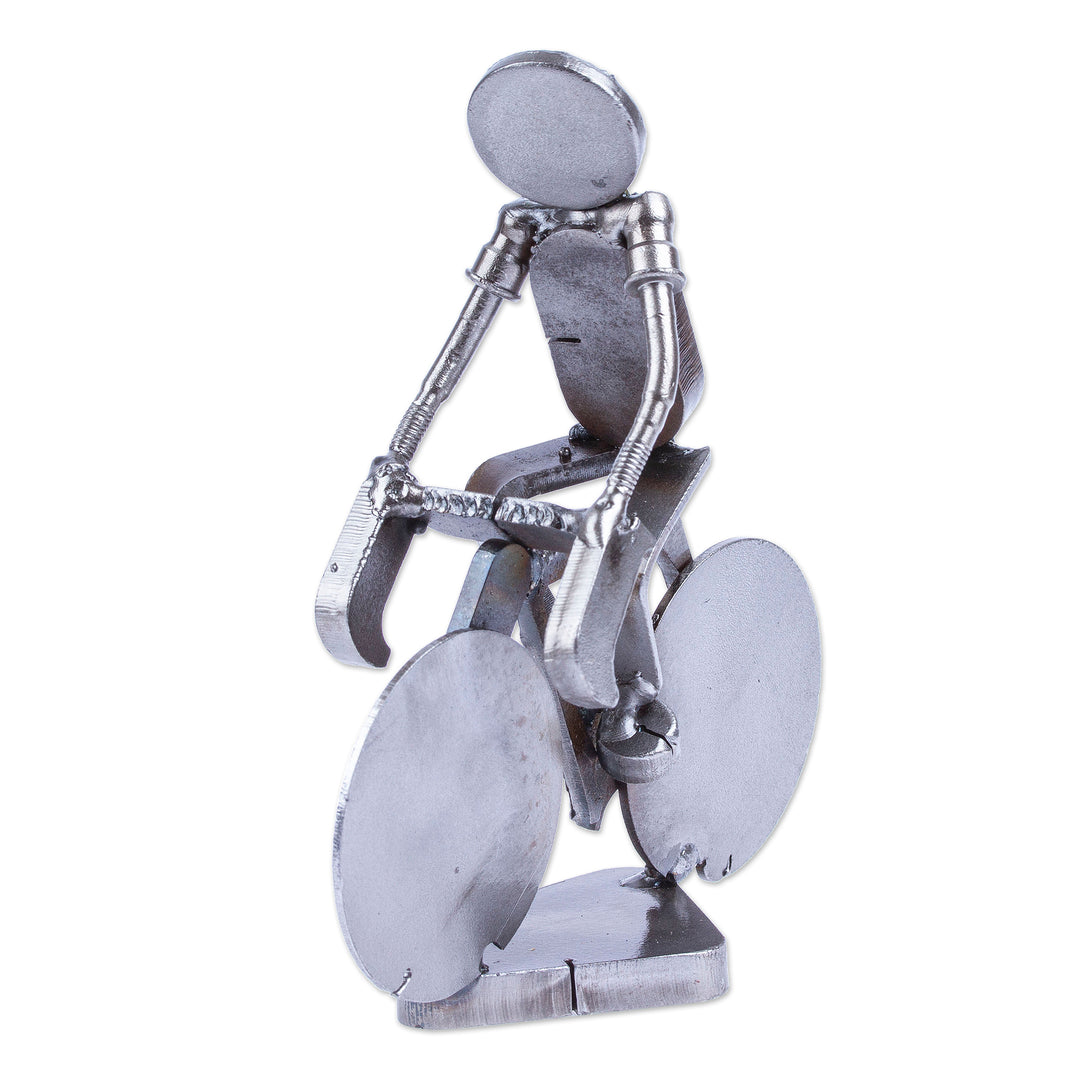 Handcrafted Recycled Scrap Metal Statuette of Man Biking - Ecological Morning