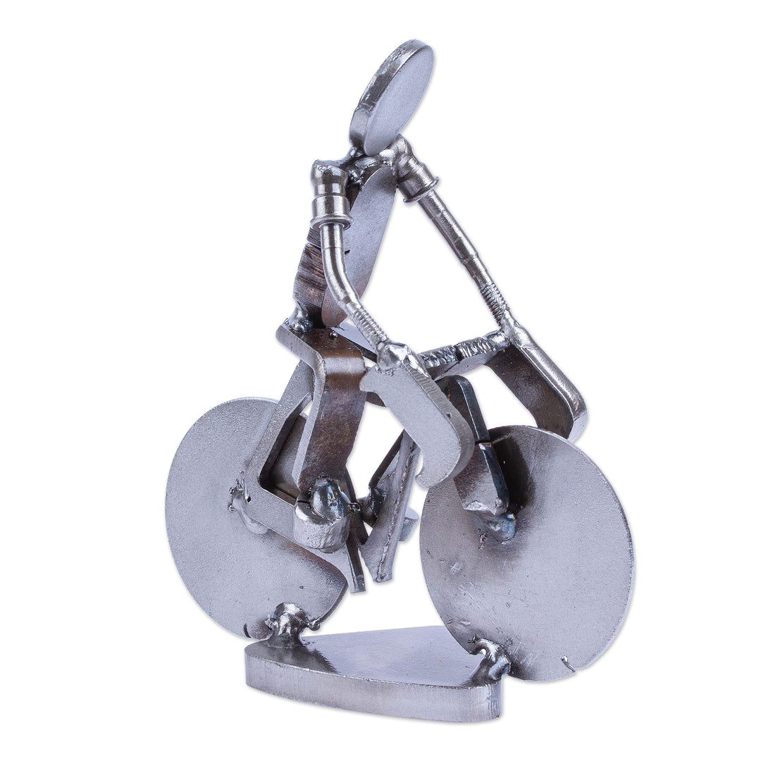 Handcrafted Recycled Scrap Metal Statuette of Man Biking - Ecological Morning