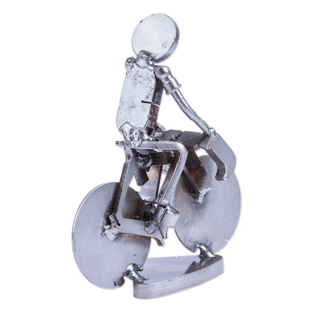 Handcrafted Recycled Scrap Metal Statuette of Man Biking - Ecological Morning