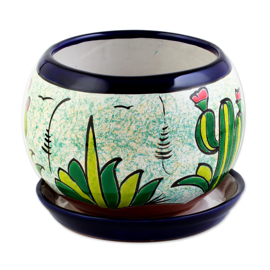 Handcrafted Ceramic Flower Pot with Cactus Images - Mexican Memories