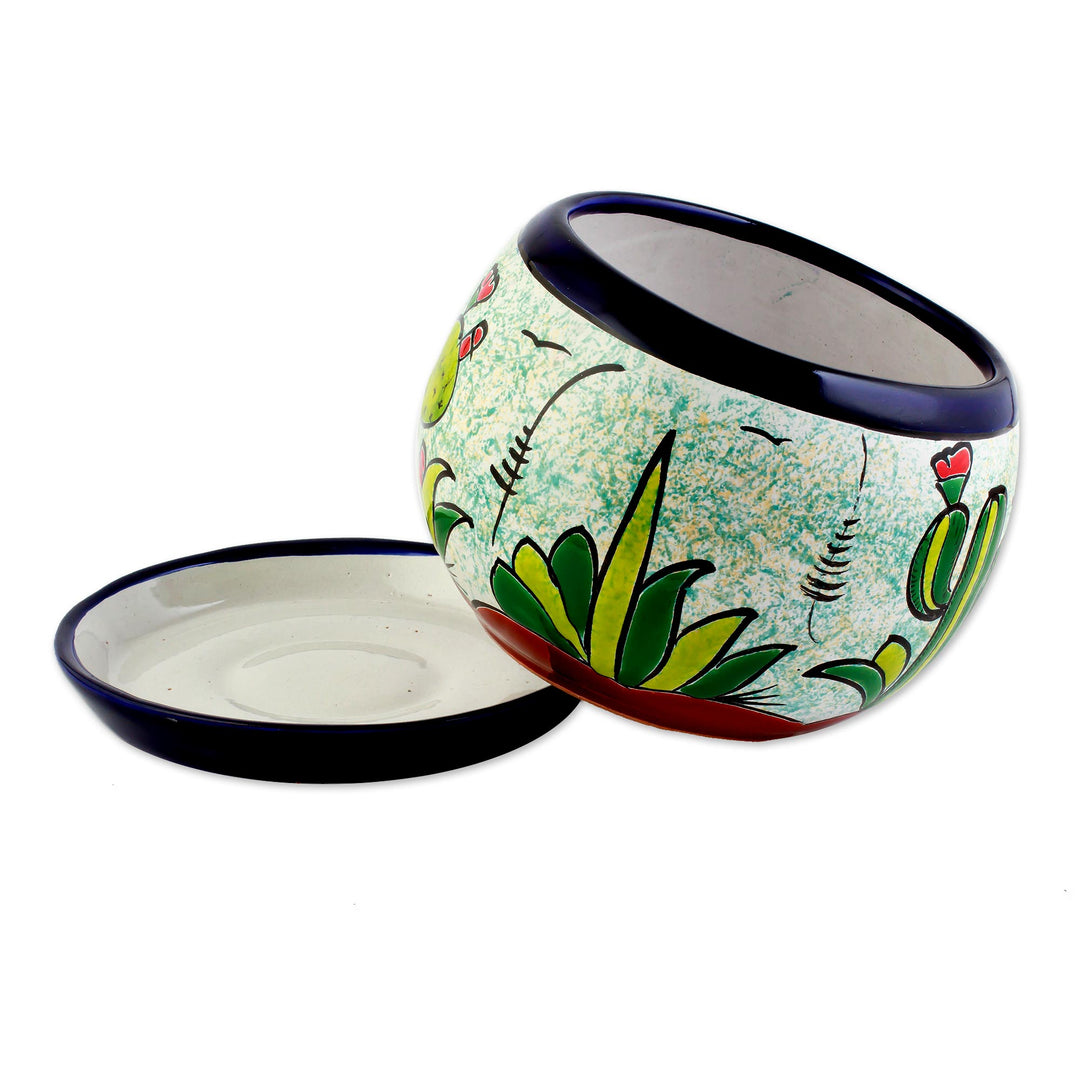 Handcrafted Ceramic Flower Pot with Cactus Images - Mexican Memories