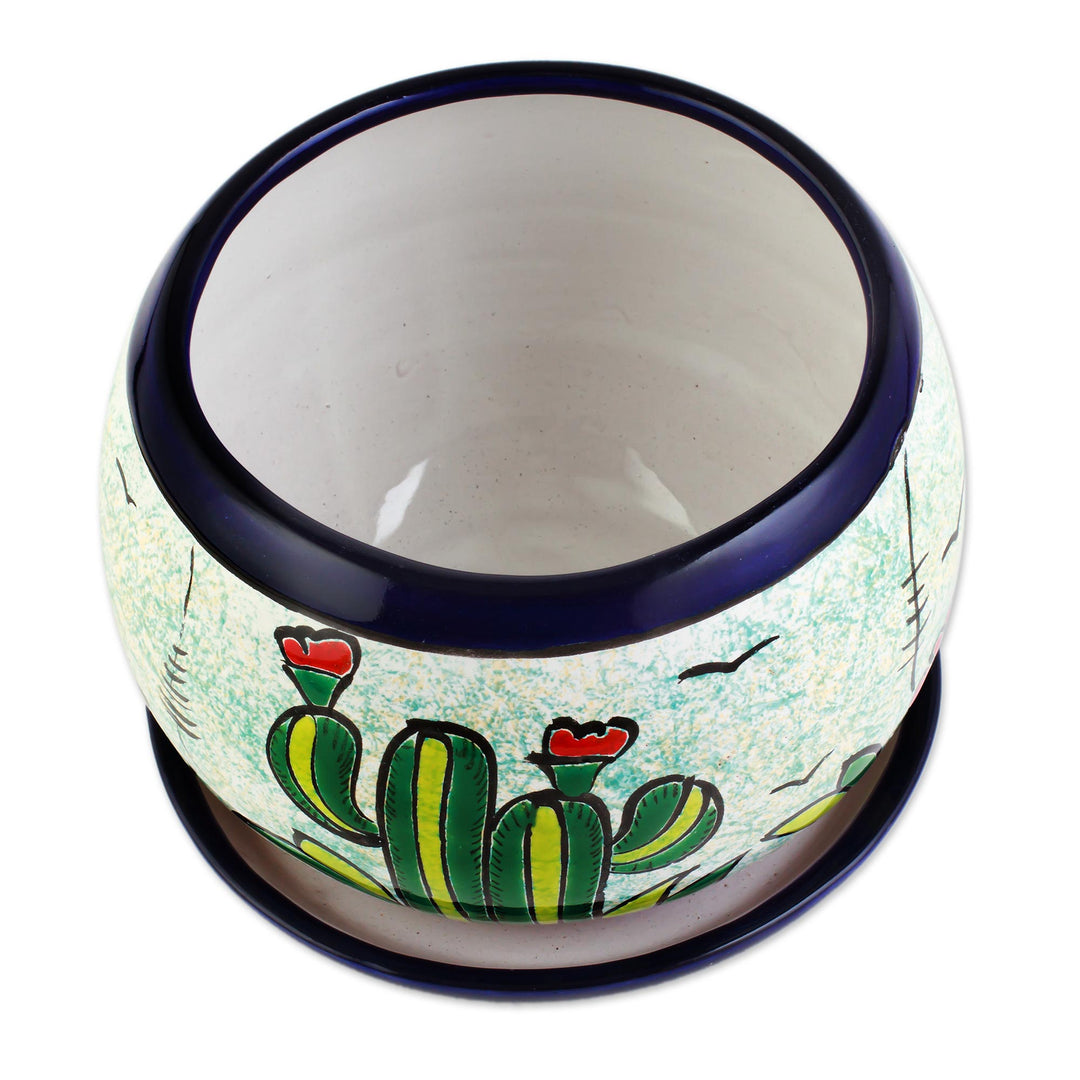 Handcrafted Ceramic Flower Pot with Cactus Images - Mexican Memories
