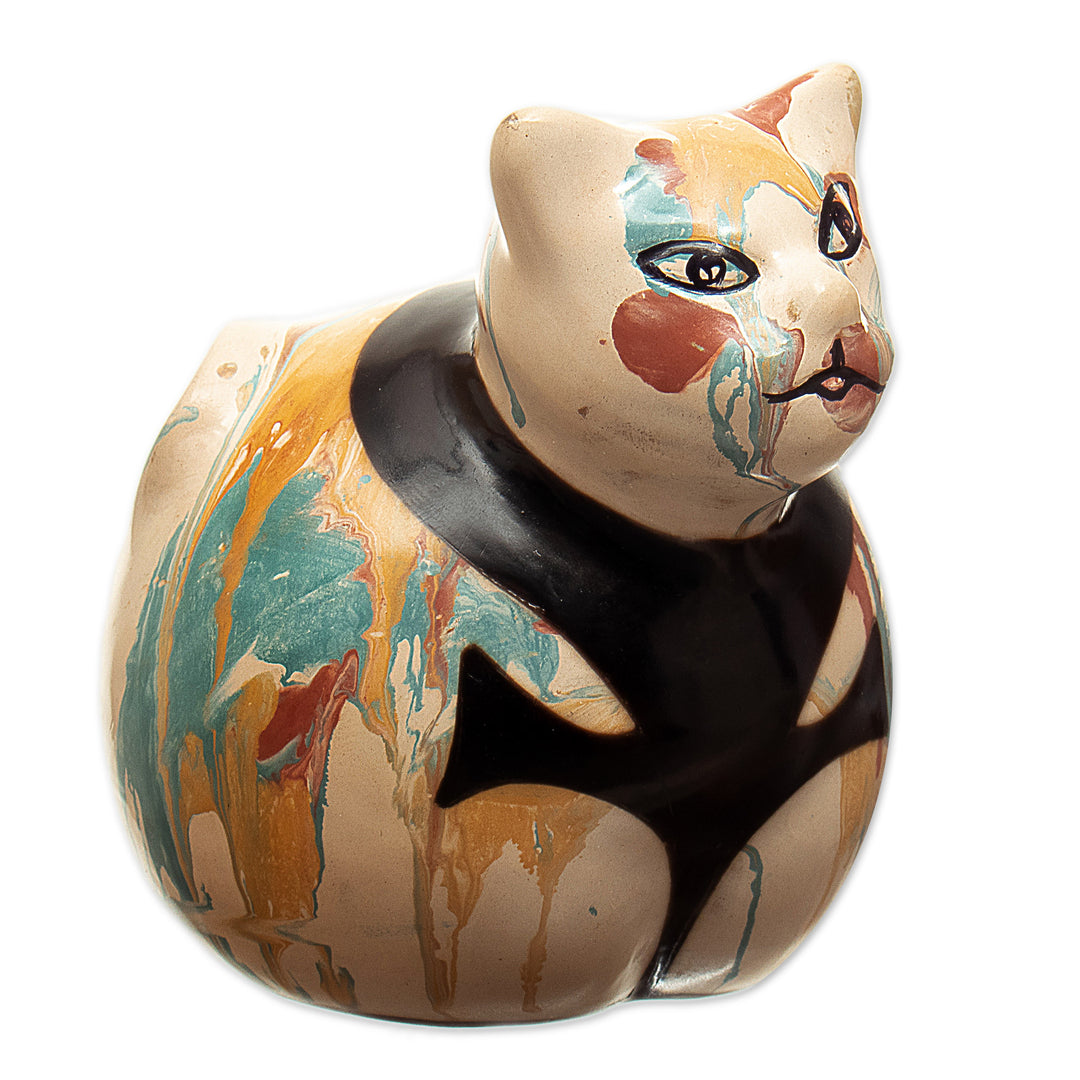 Handcrafted Ceramic Cat Statuette with Colorful Design - Feline Colors