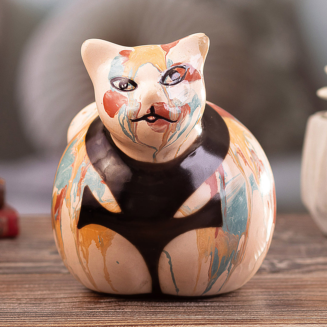 Handcrafted Ceramic Cat Statuette with Colorful Design - Feline Colors