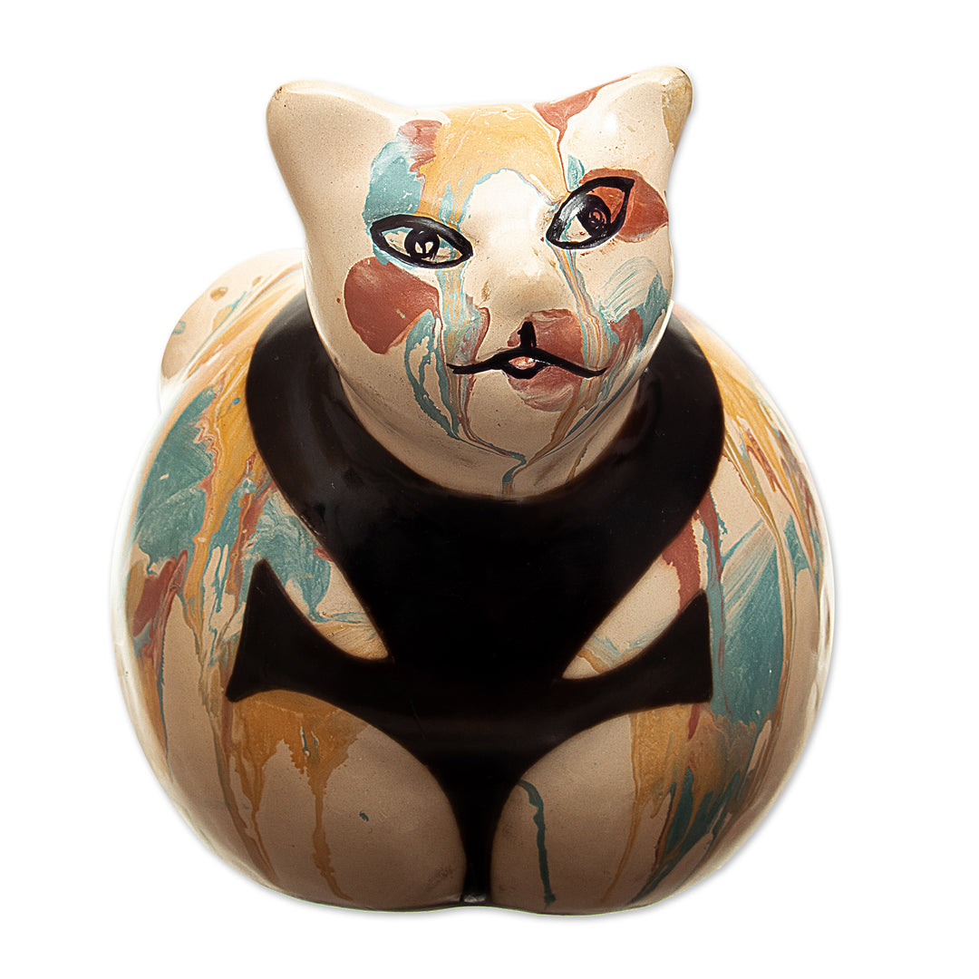 Handcrafted Ceramic Cat Statuette with Colorful Design - Feline Colors