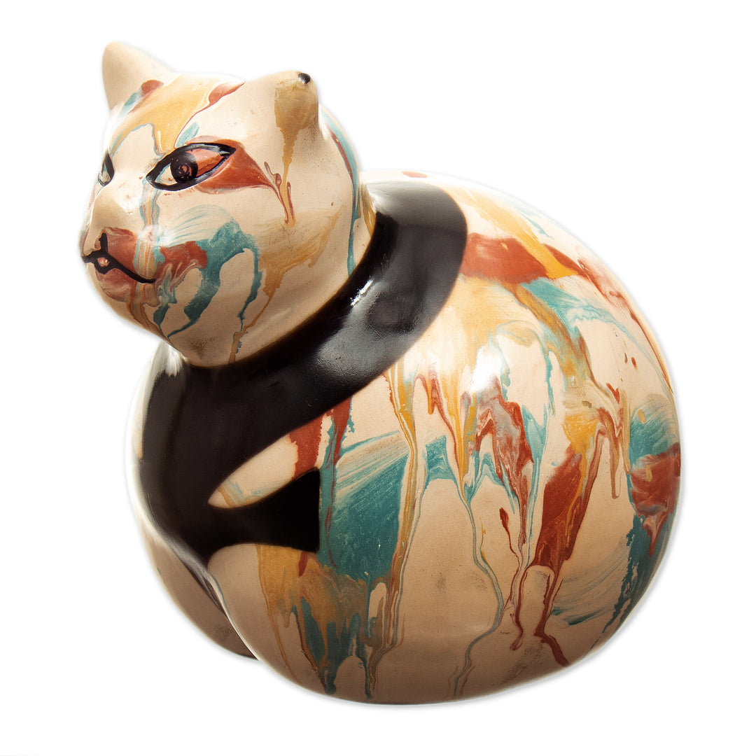 Handcrafted Ceramic Cat Statuette with Colorful Design - Feline Colors