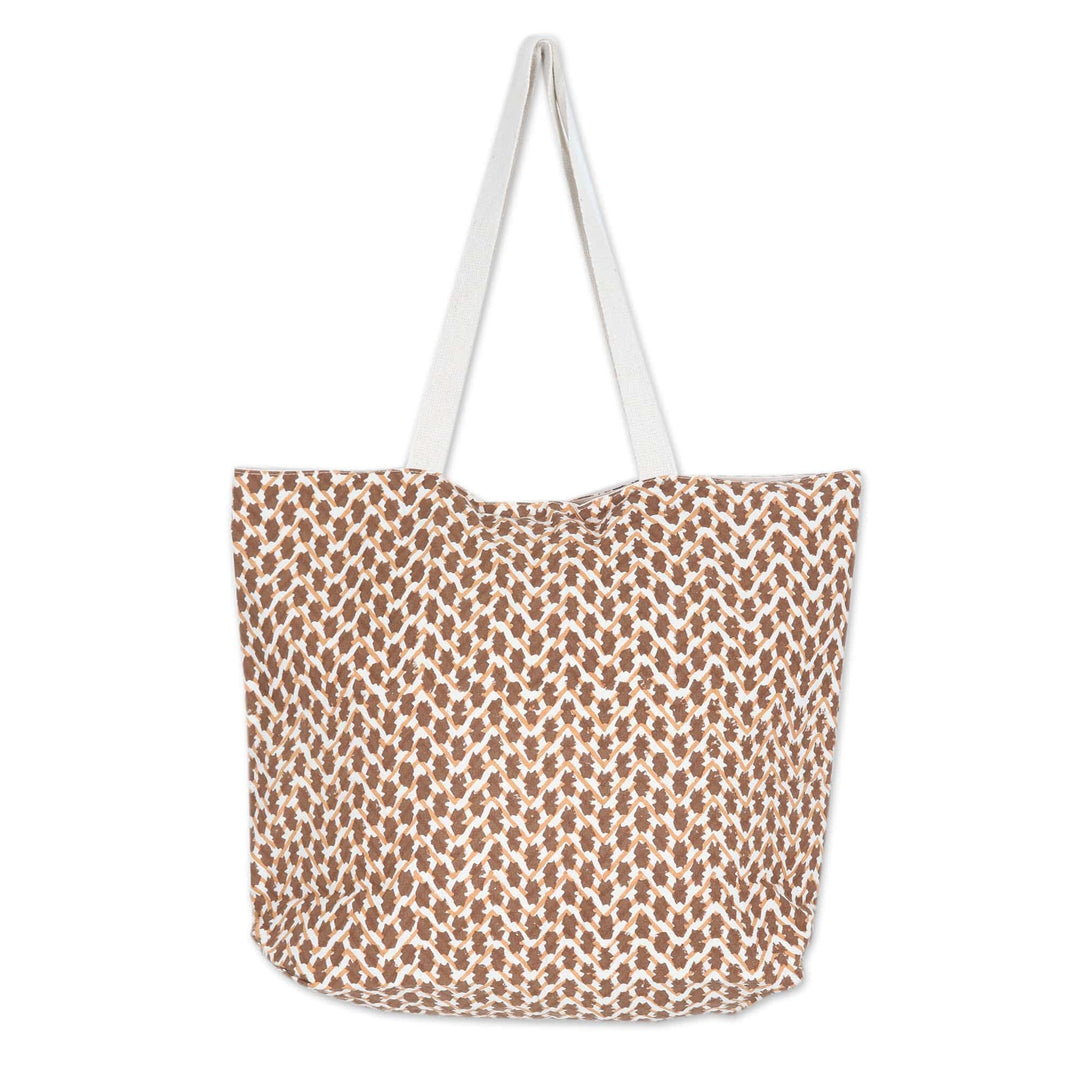 Cotton Tote Bag with Block-Printed Modern Design in Sepia - Sepia Ties