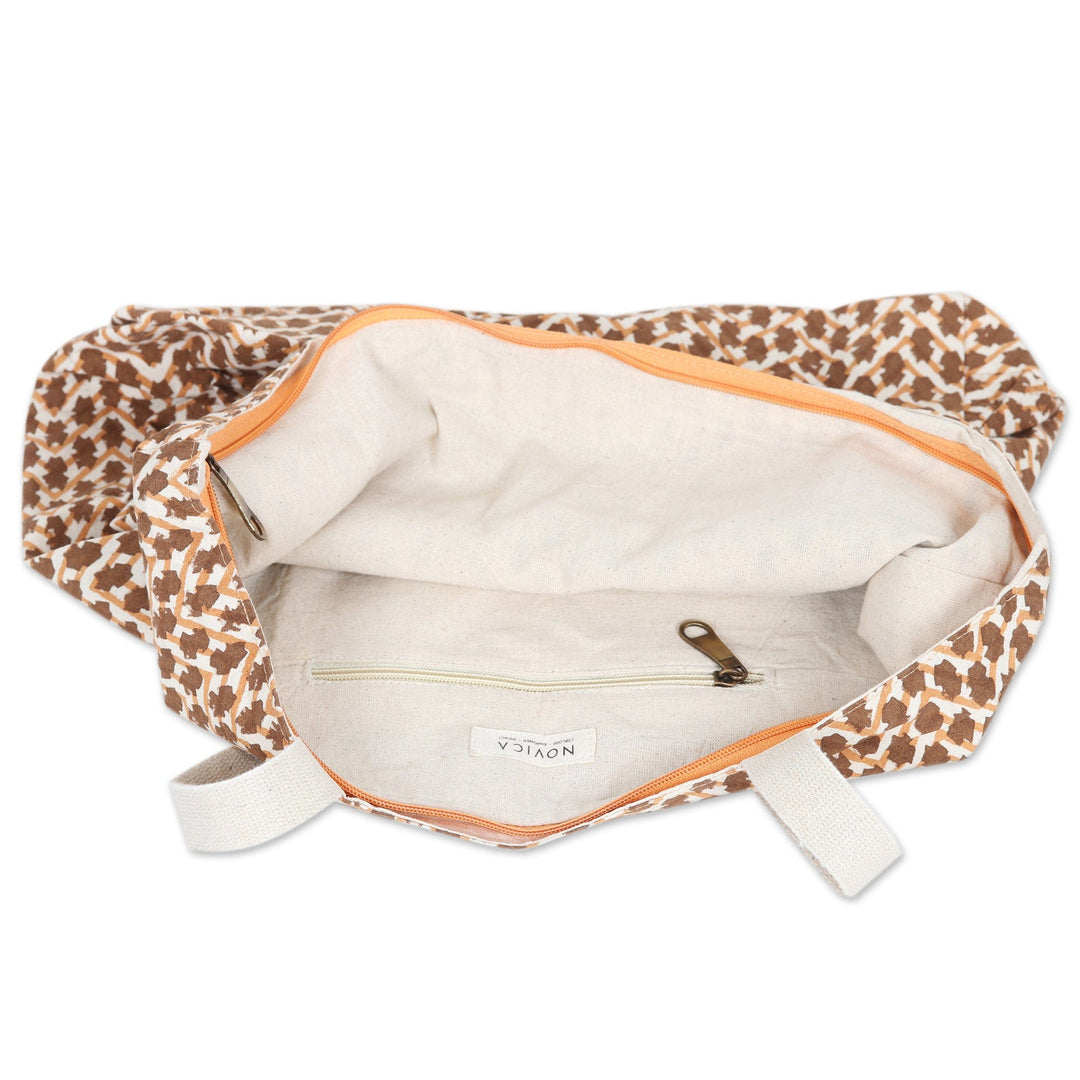 Cotton Tote Bag with Block-Printed Modern Design in Sepia - Sepia Ties
