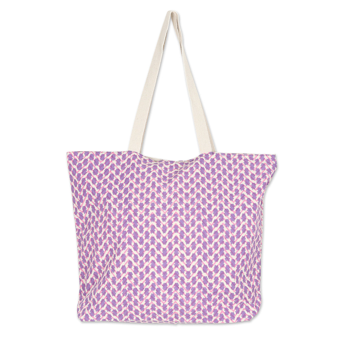 Cotton Tote Bag with Block-Printed Modern Design in Purple - Purple Ties