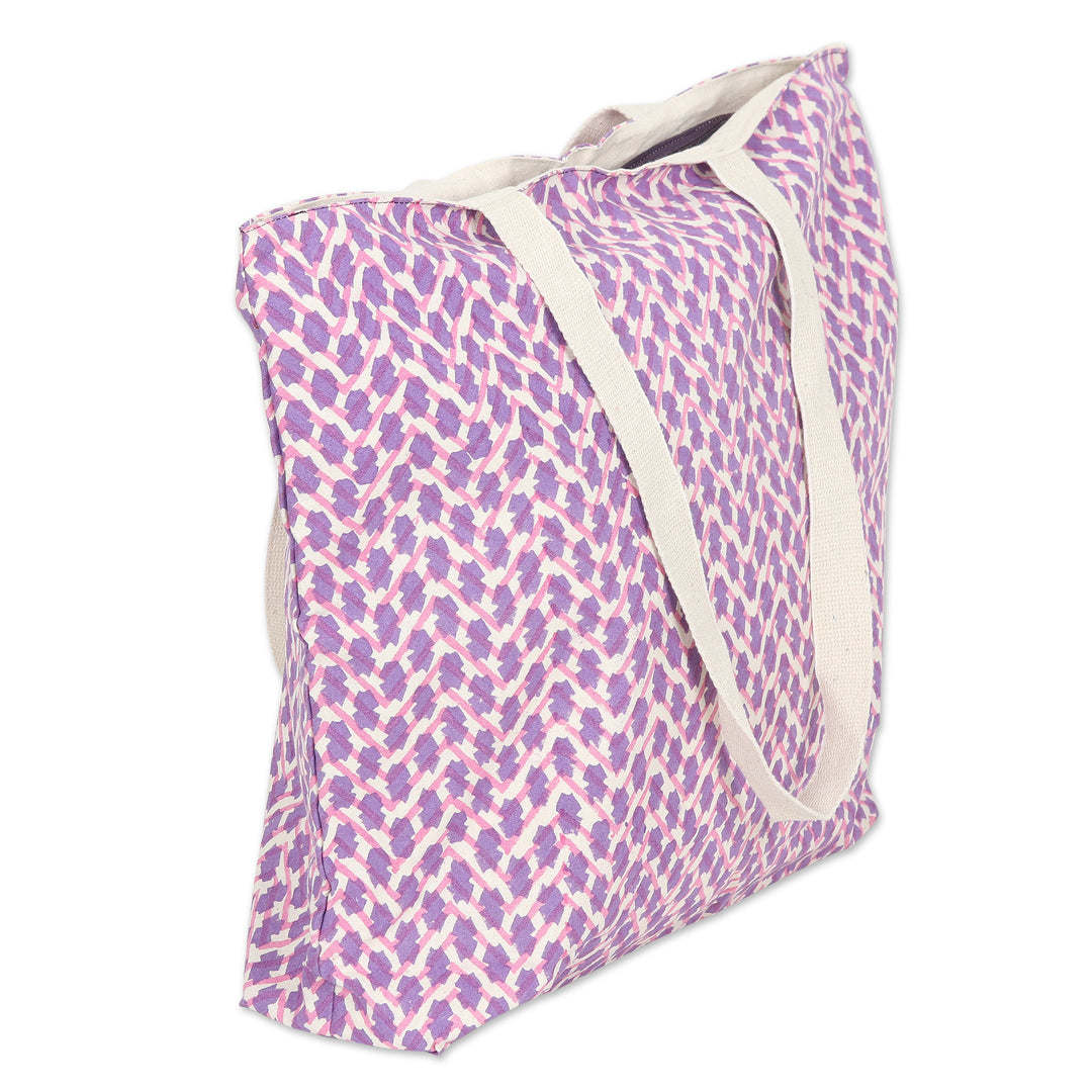 Cotton Tote Bag with Block-Printed Modern Design in Purple - Purple Ties