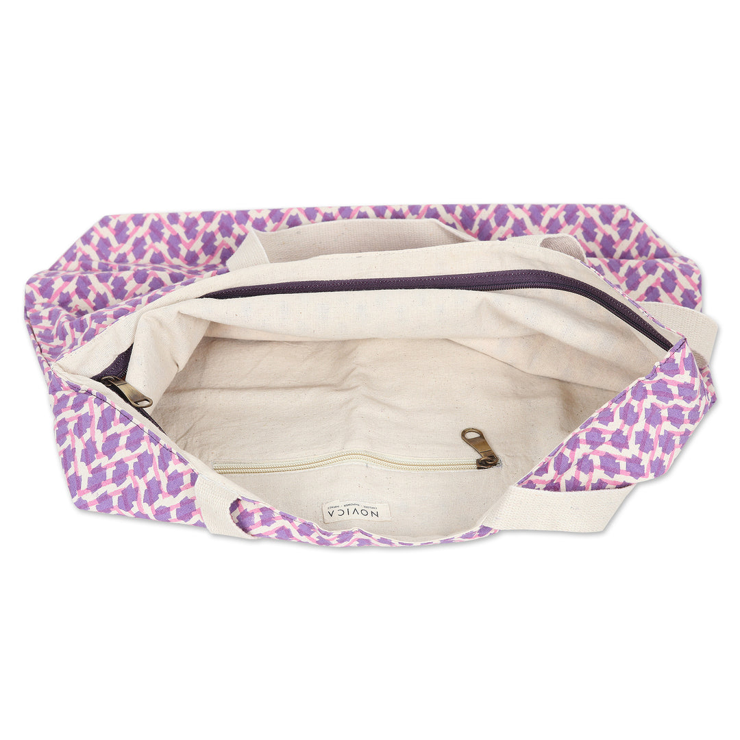Cotton Tote Bag with Block-Printed Modern Design in Purple - Purple Ties