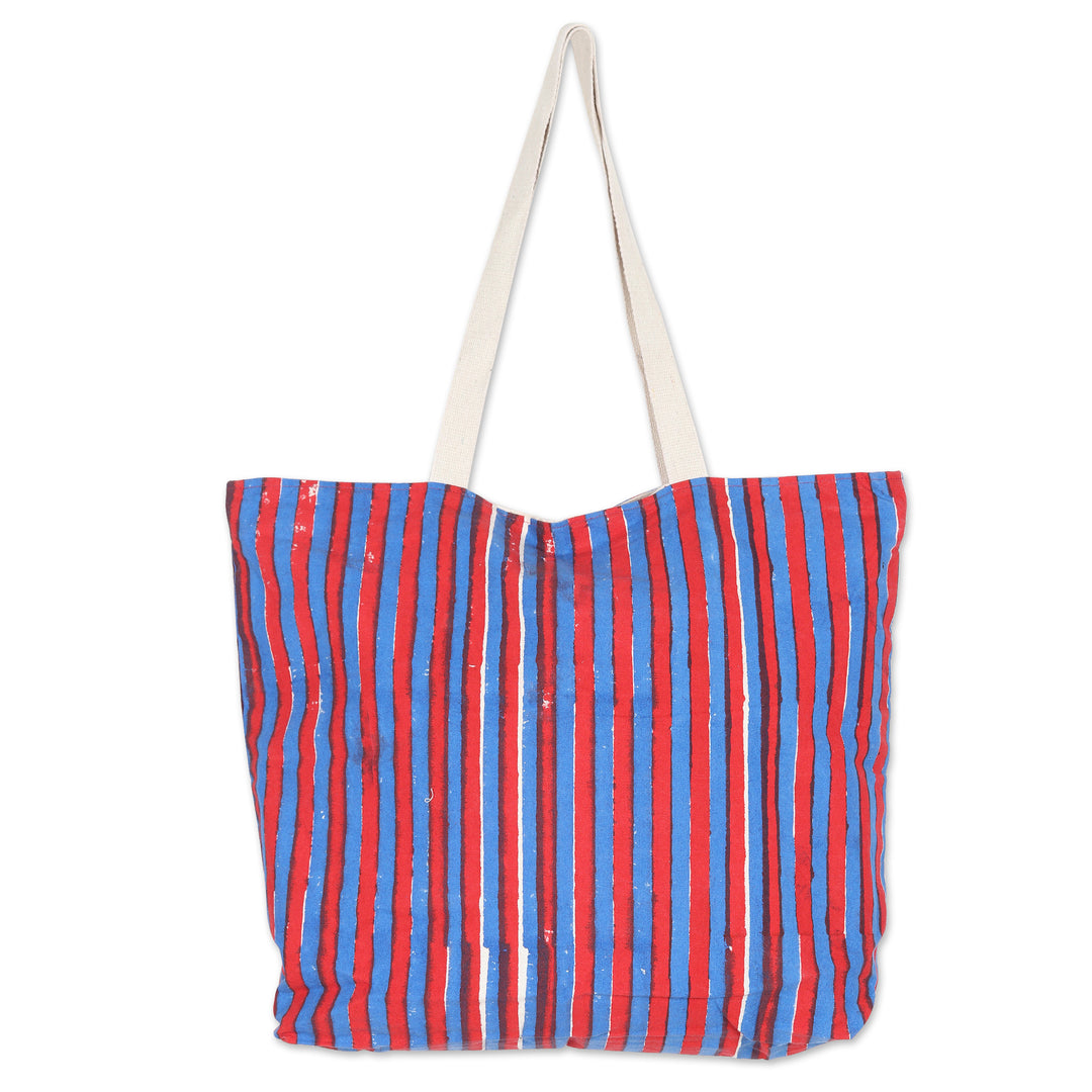 Striped Cotton Tote Bag with Block-Printed Pattern in Blue - Blue Roads