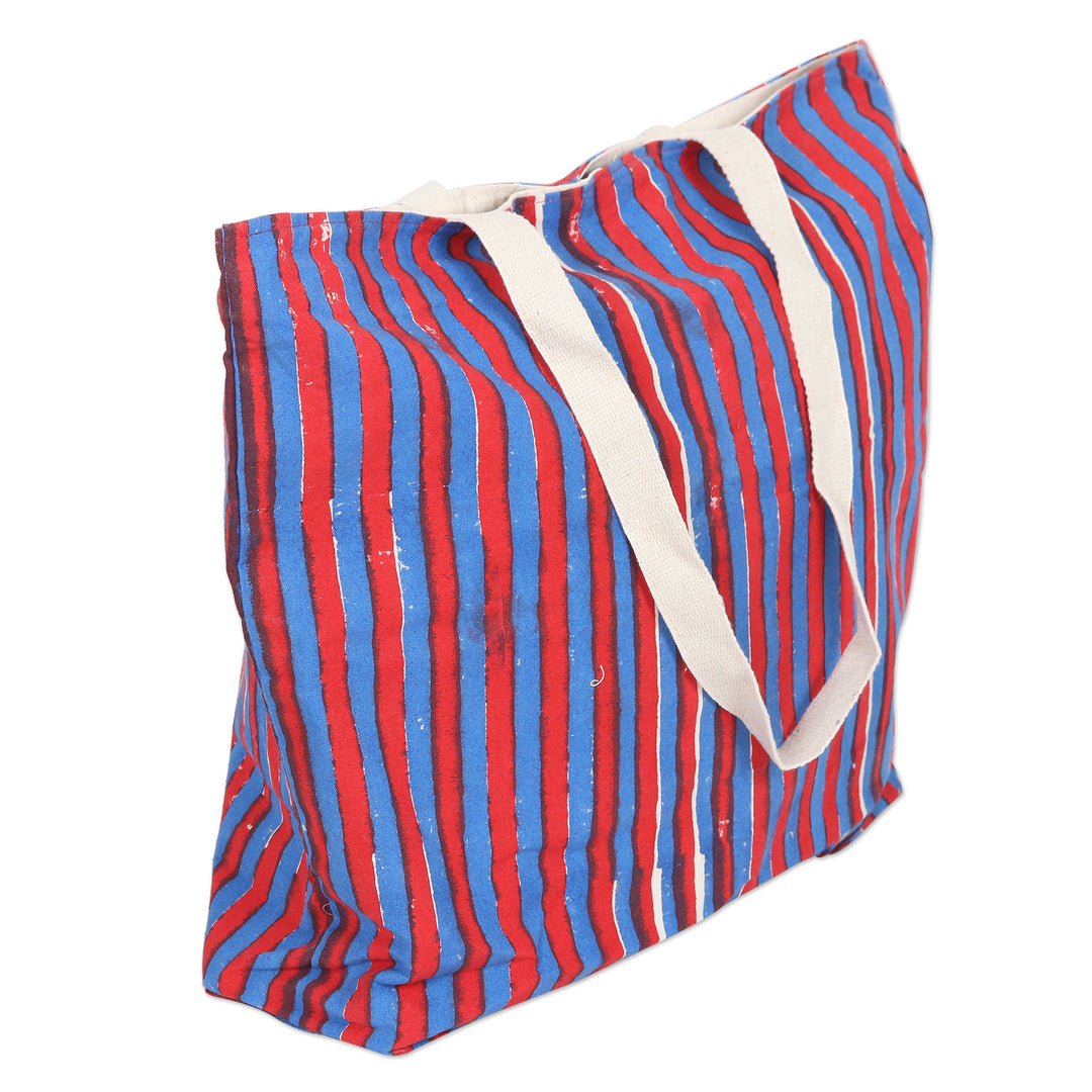 Striped Cotton Tote Bag with Block-Printed Pattern in Blue - Blue Roads