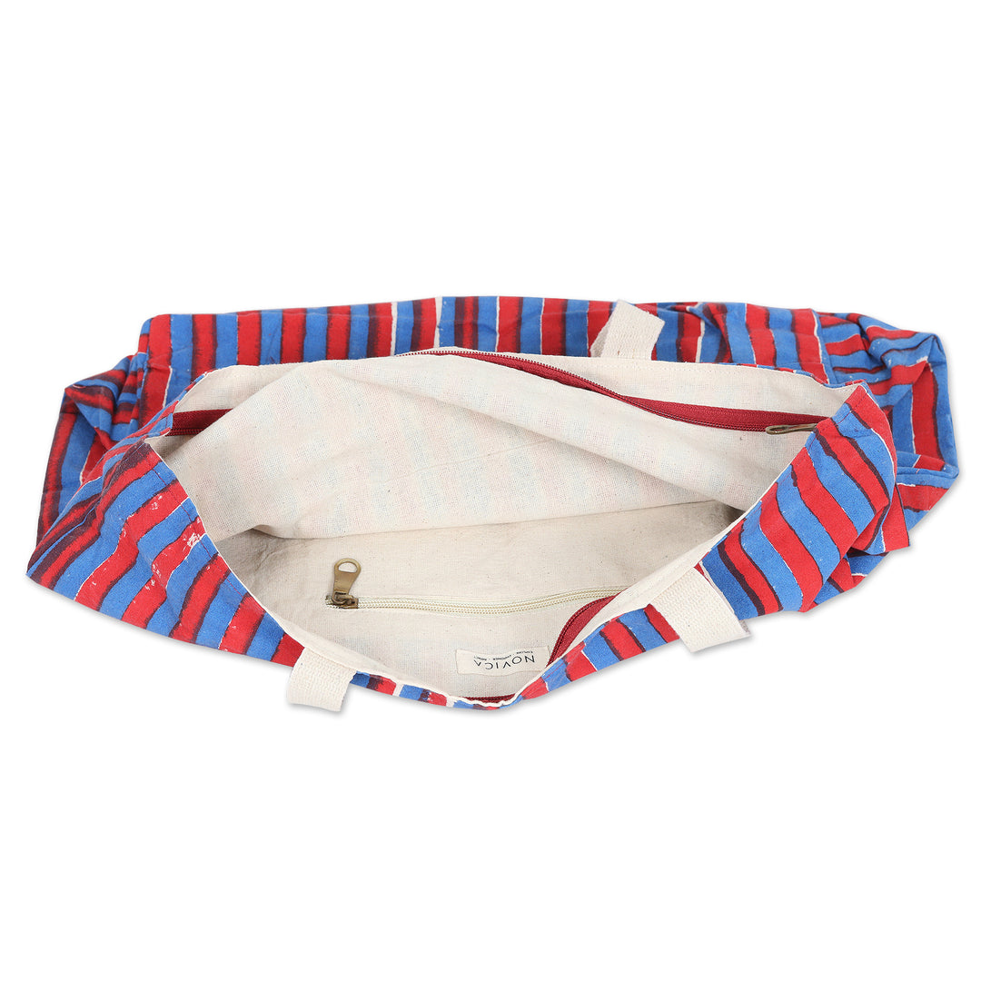 Striped Cotton Tote Bag with Block-Printed Pattern in Blue - Blue Roads