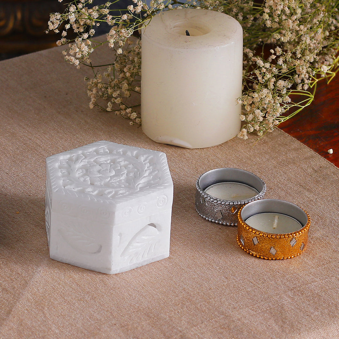 Handcrafted Alabaster Jali Jewelry Box from India - Blooming Traditions