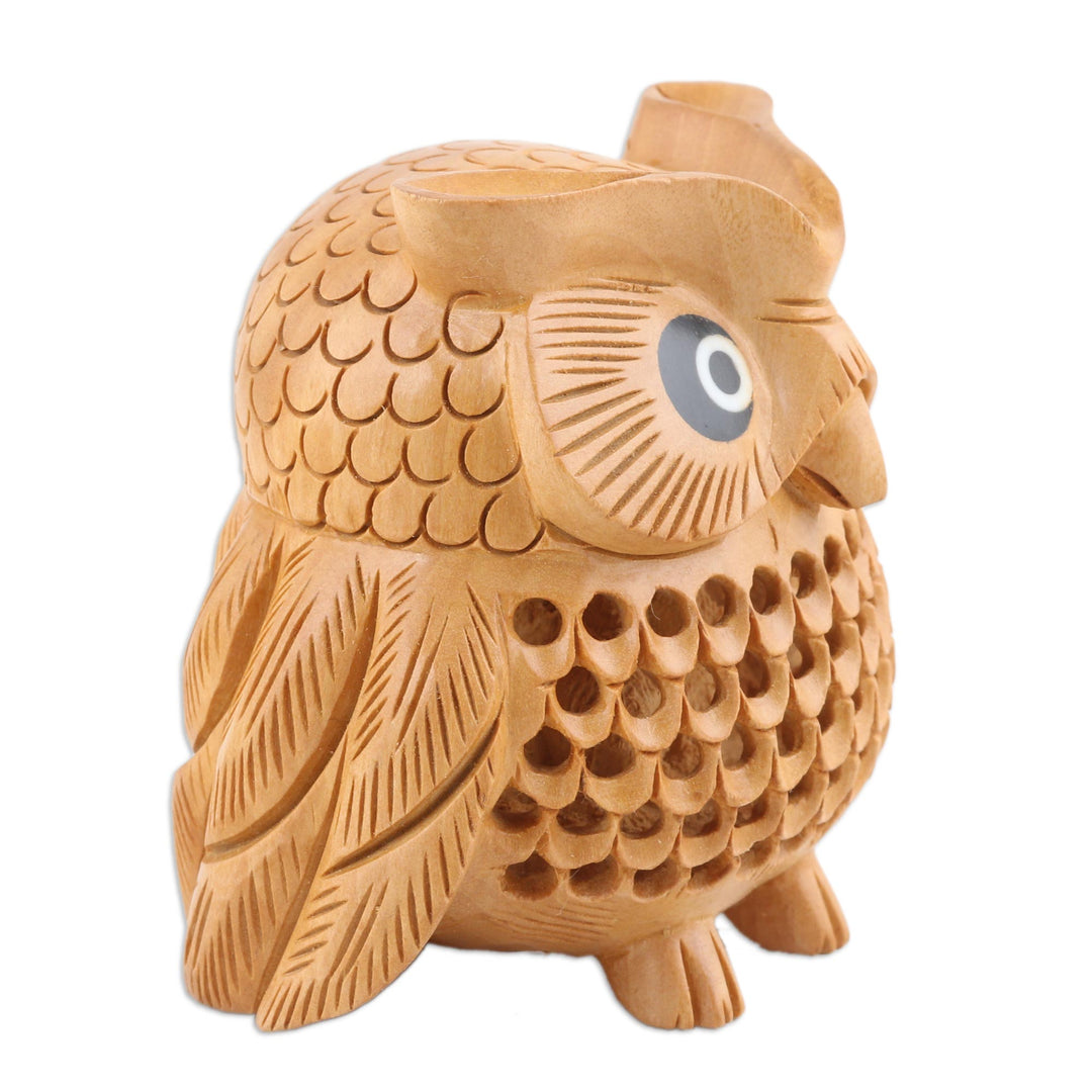 Wood Figurine of An Owl Exquisitely Hand-Carved in India - Owl Charm