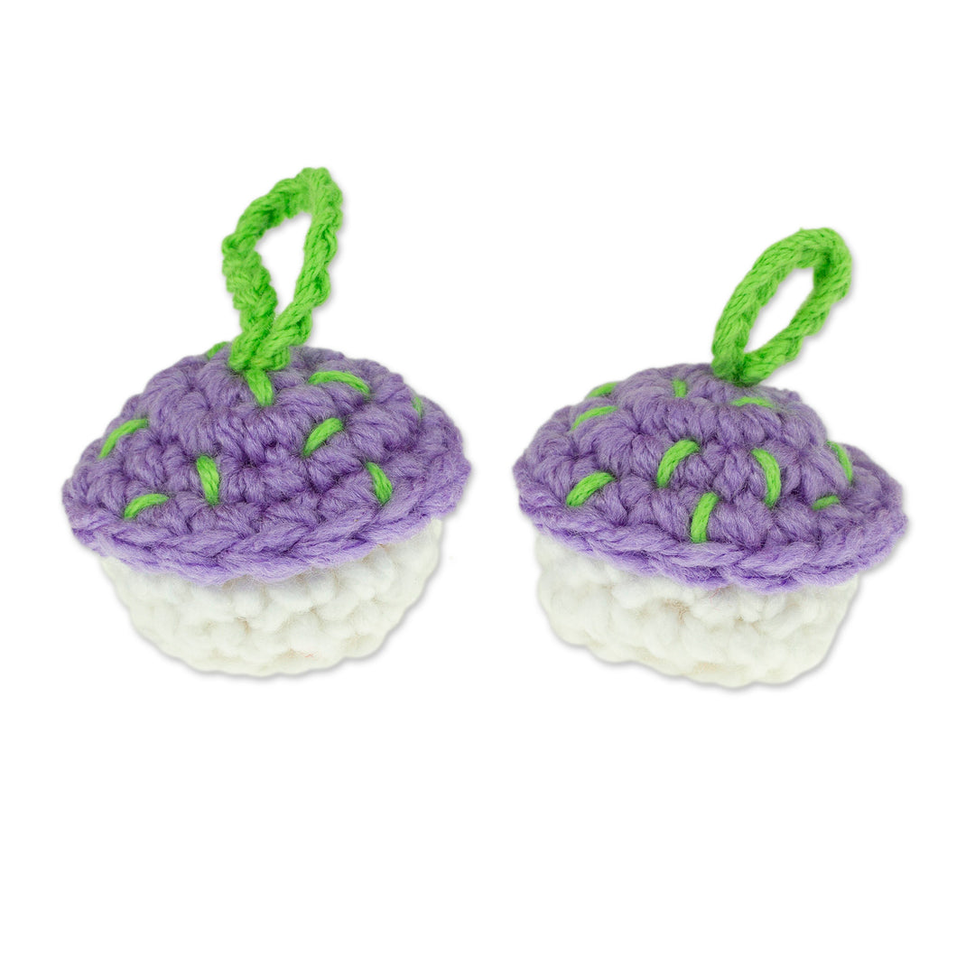 Pair of Crocheted Cupcake Charms in Violet and White - Violet Dessert