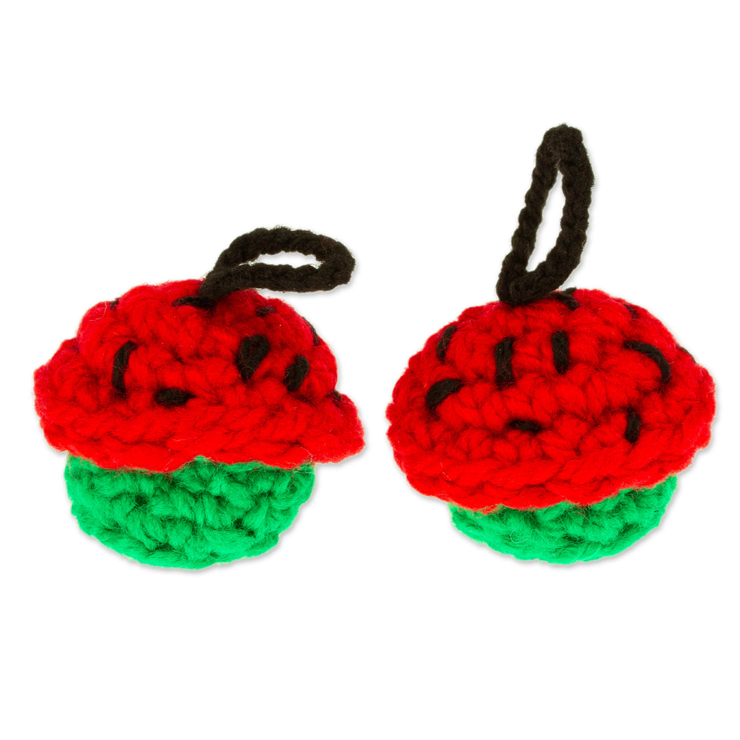 Pair of Crocheted Cupcake Charms in Red and Green - Red Dessert