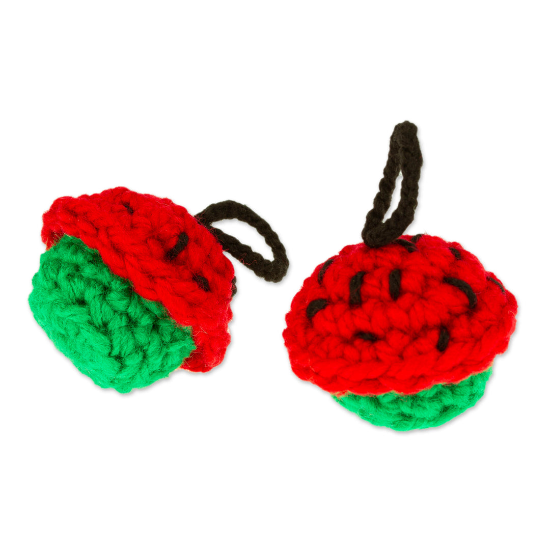 Pair of Crocheted Cupcake Charms in Red and Green - Red Dessert