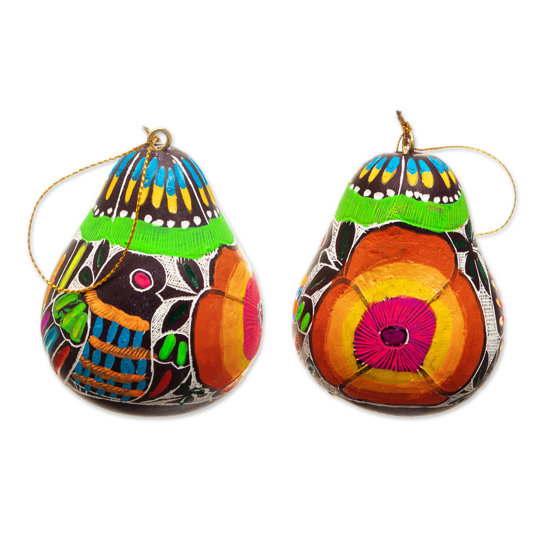 Dried Gourd Ornaments with Bird and Floral Motifs (Pair) - Andean Wings