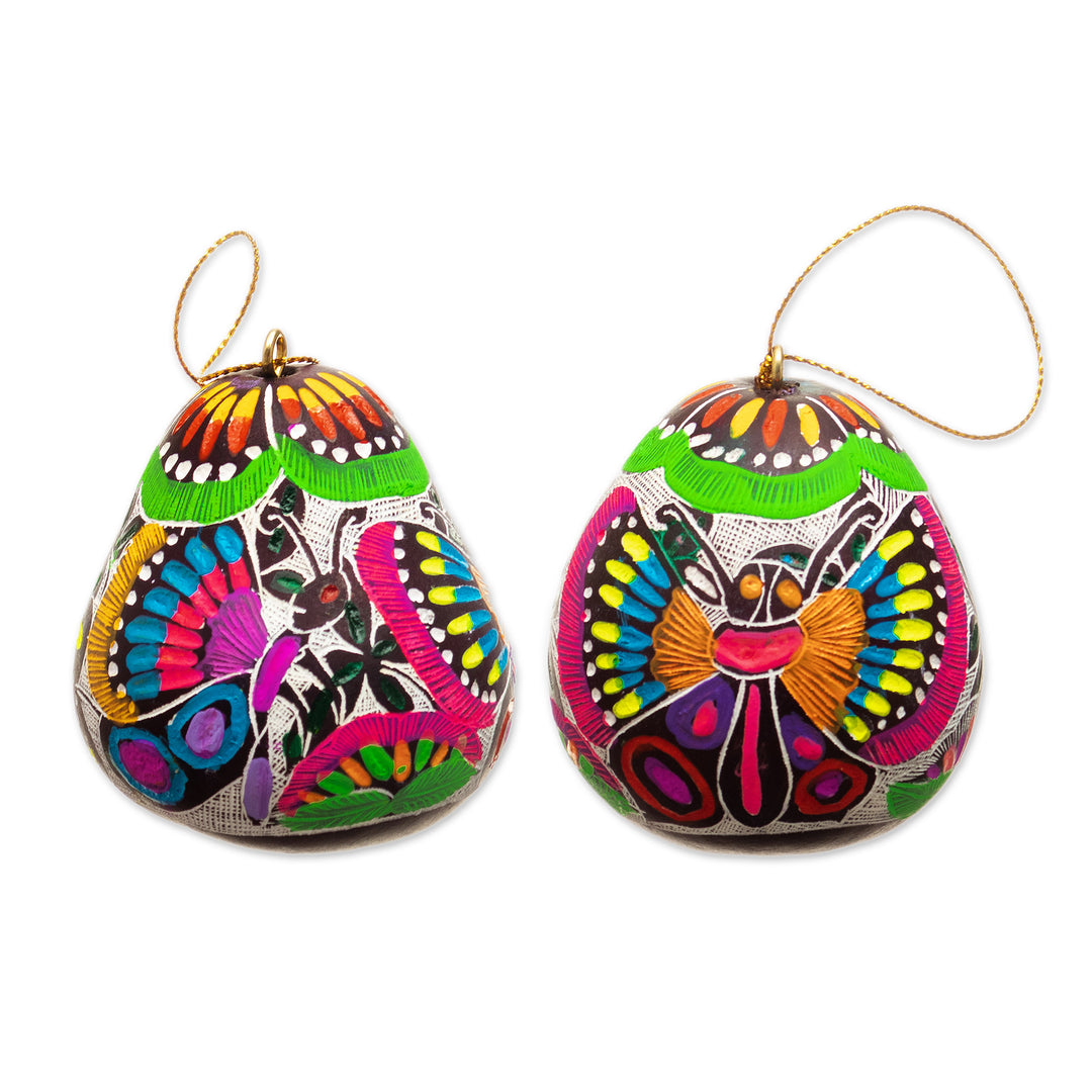 Dried Gourd Ornaments with Colorful Butterfly Motifs (Pair) - Vibrant Hope
