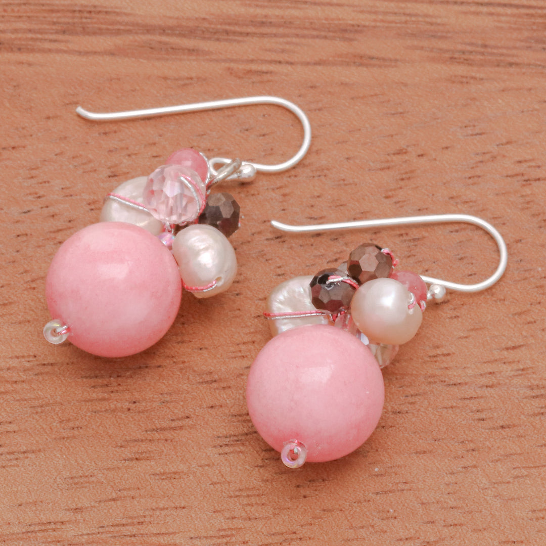 Pink Quartz and Pearl Dangle Earrings Crafted in Thailand - Pink Summer