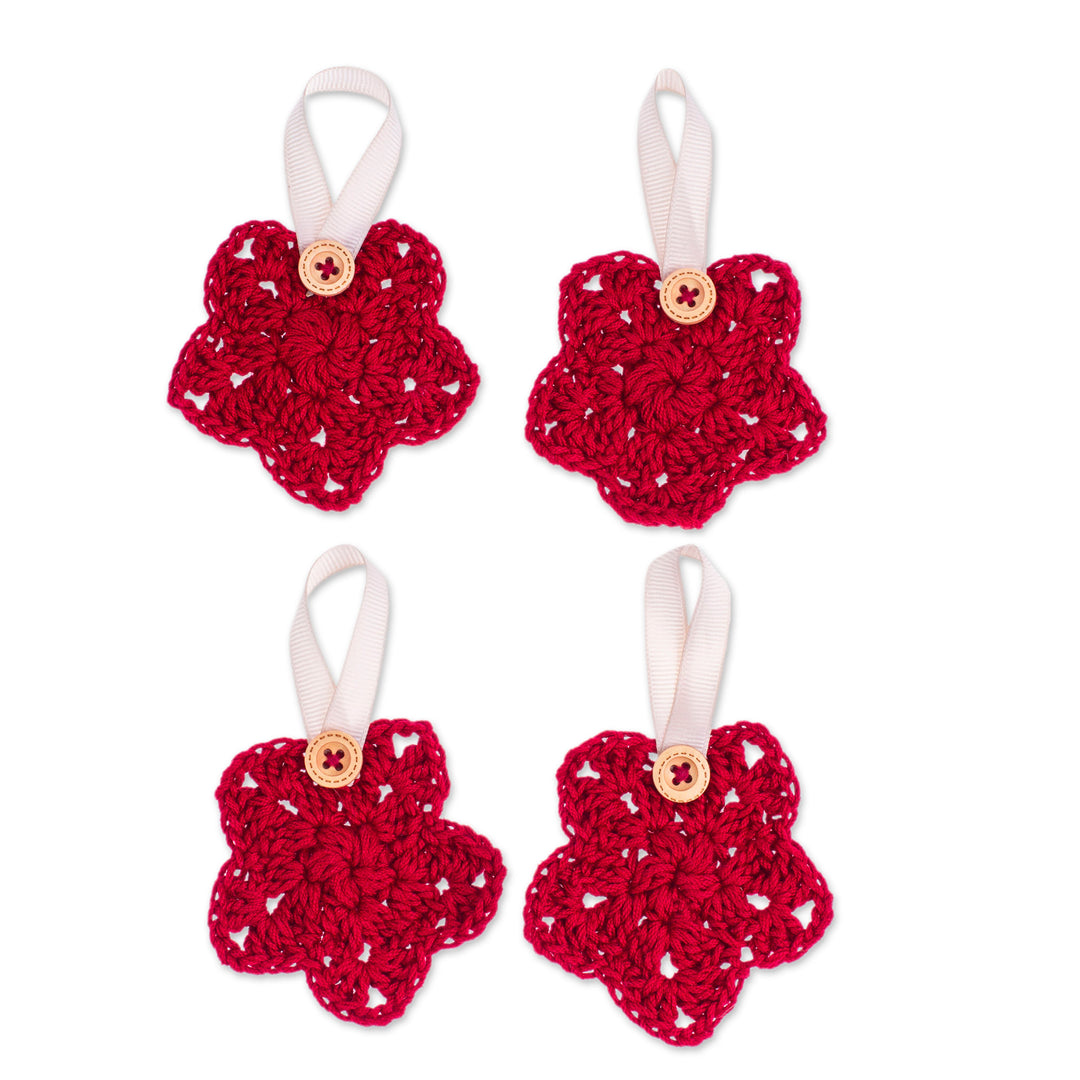 Set of 4 Red Crocheted Ornaments with Plastic Buttons - Red Sensations