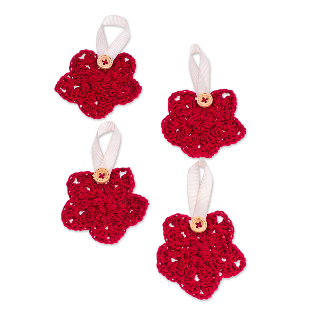 Set of 4 Red Crocheted Ornaments with Plastic Buttons - Red Sensations