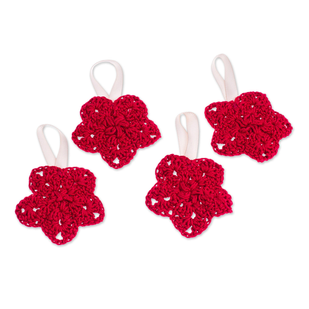 Set of 4 Red Crocheted Ornaments with Plastic Buttons - Red Sensations