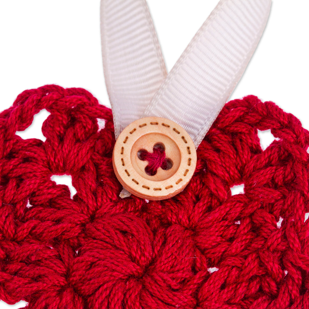 Set of 4 Red Crocheted Ornaments with Plastic Buttons - Red Sensations