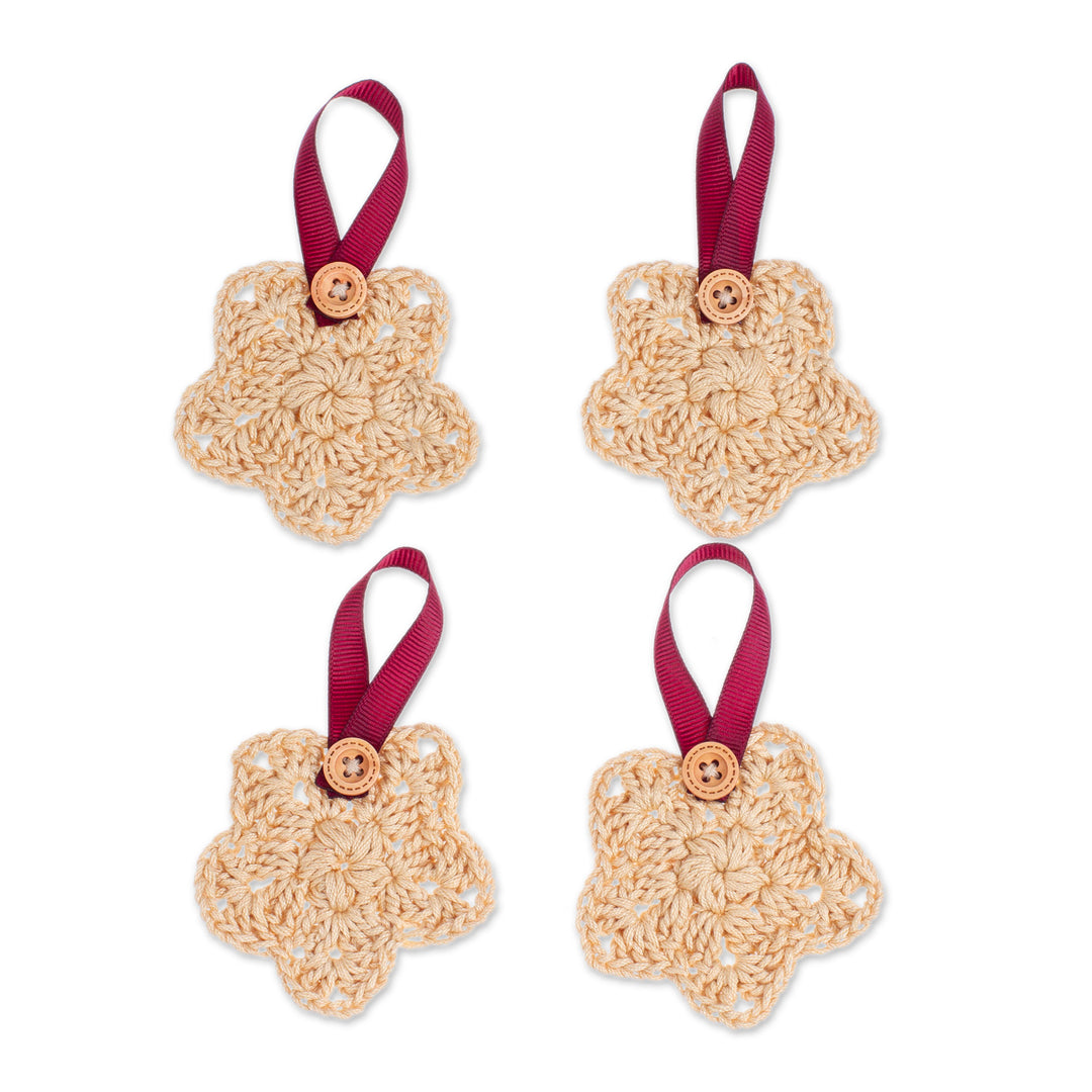 Set of 4 Beige Crocheted Ornaments with Plastic Buttons - Beige Sensations