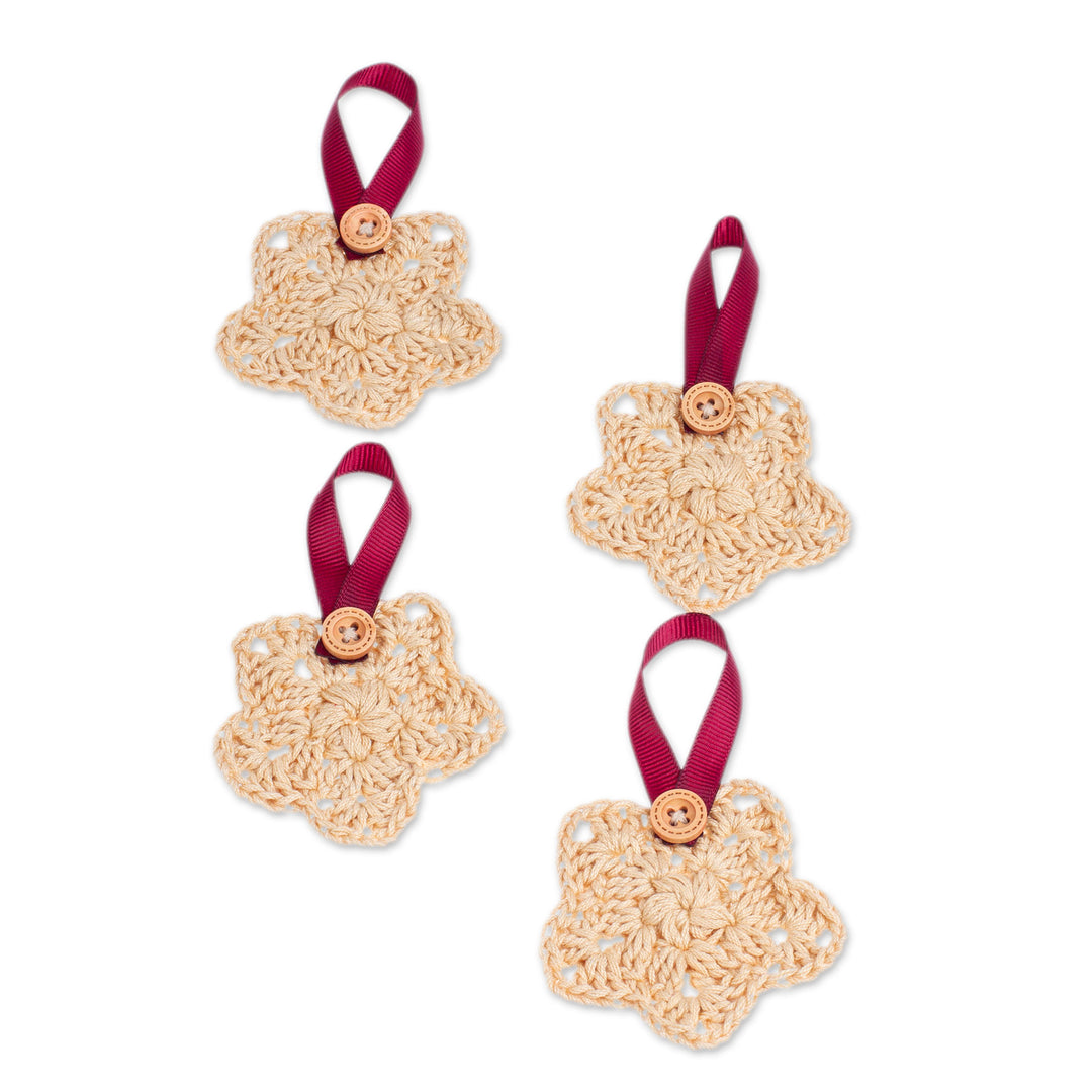 Set of 4 Beige Crocheted Ornaments with Plastic Buttons - Beige Sensations