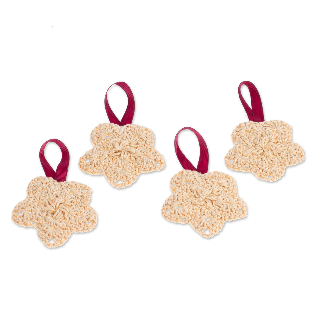 Set of 4 Beige Crocheted Ornaments with Plastic Buttons - Beige Sensations