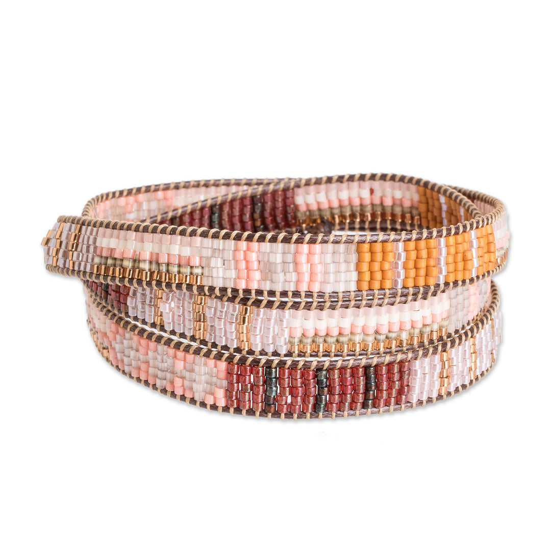 Handcrafted Glass Beaded Wrap Bracelet in Warm Palette - Geometric Illumination