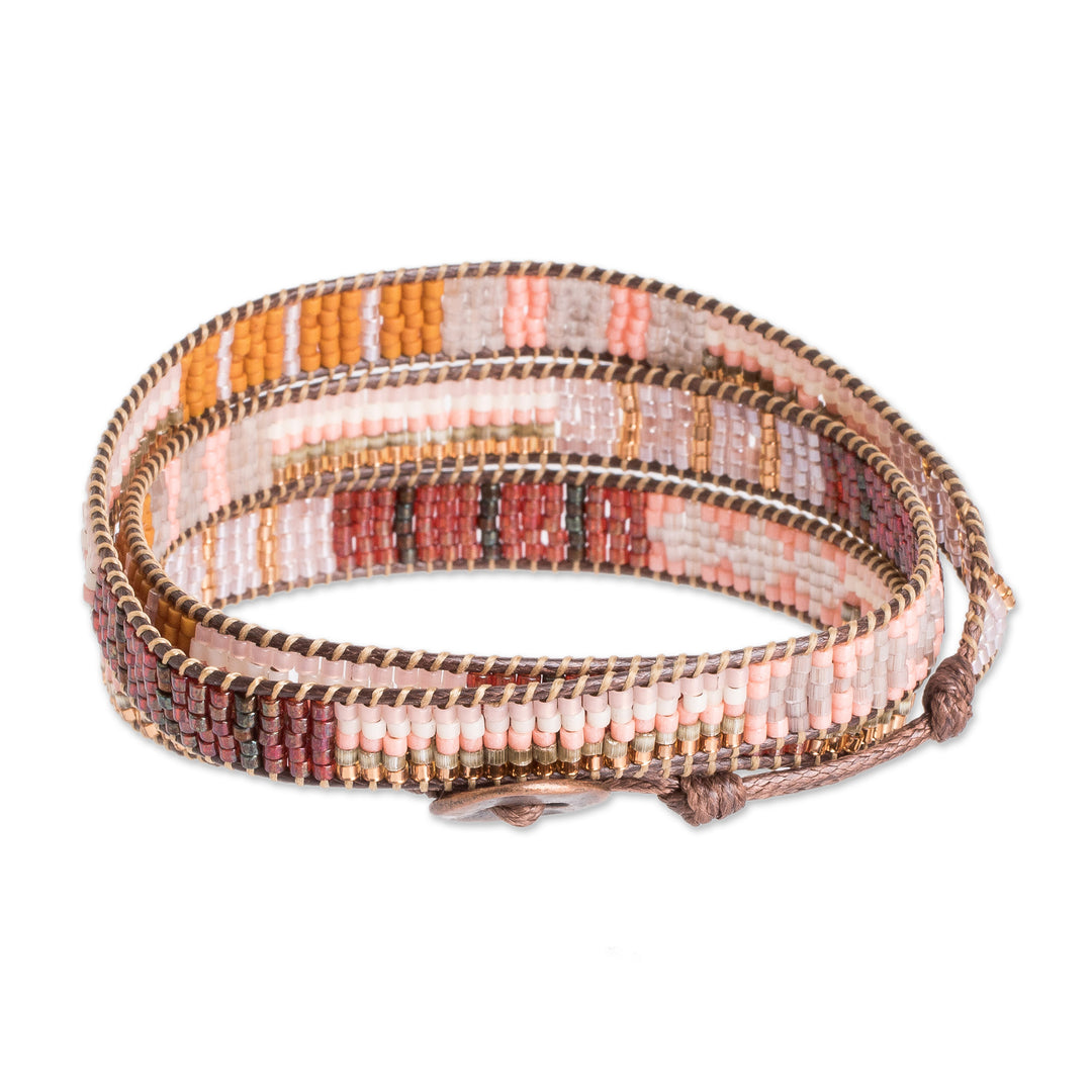 Handcrafted Glass Beaded Wrap Bracelet in Warm Palette - Geometric Illumination