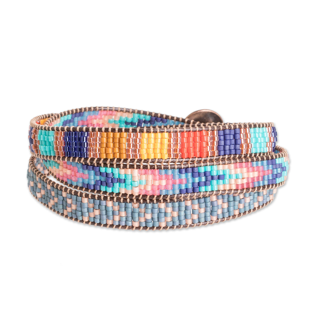 Multicolor Glass Beaded Wrap Bracelet with Geometric Motifs - Streets of Antigua