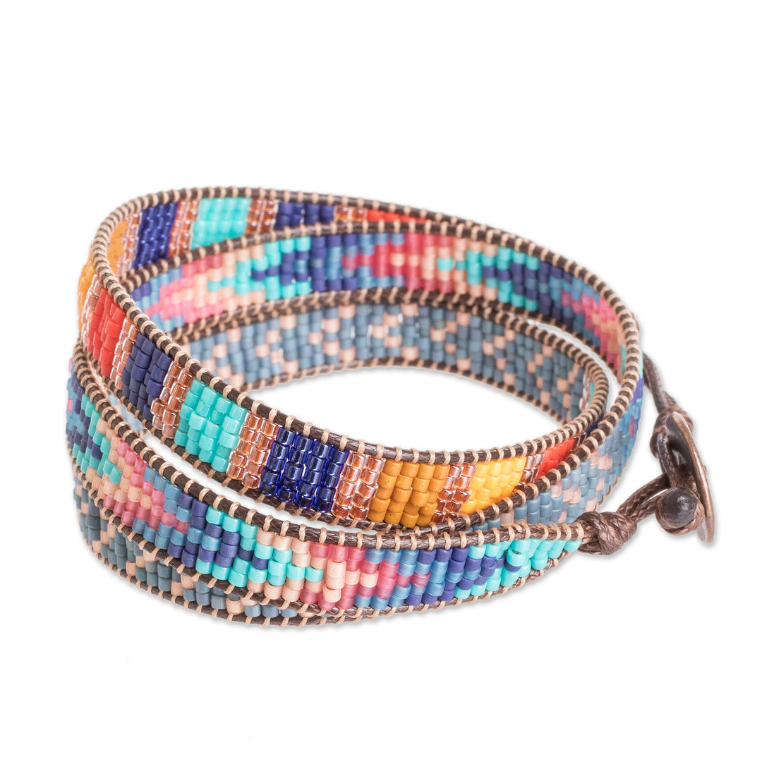 Multicolor Glass Beaded Wrap Bracelet with Geometric Motifs - Streets of Antigua