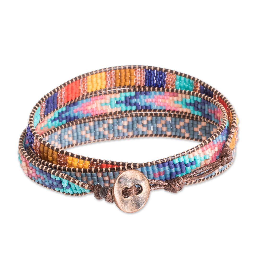 Multicolor Glass Beaded Wrap Bracelet with Geometric Motifs - Streets of Antigua